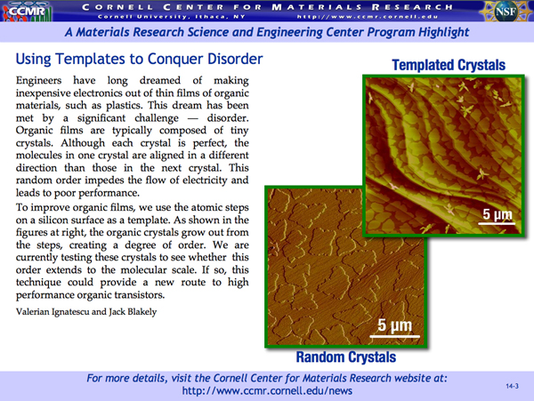 Engineers have long dreamed of making inexpensive electronics out of thin films of organic materials, such as plastics. This dream has been met by a significant challenge â€”disorder. Organic films are typically composed of tiny crystals. Although each crystal is perfect, the molecules in one crystal are aligned in a different direction than those in the next crystal. This random order impedes the flow of electricity and leads to poor performance.<br /> To improve organic films, we use the atomic steps on a silicon surface as a template. As shown in the figures at right, the organic crystals grow out from the steps, creating a degree of order. We are currently testing these crystals to see whether this order extends to the molecular scale. If so, this technique could provide a new route to high performance organic transistors.<br /> Valerian Ignatescu and Jack Blakely