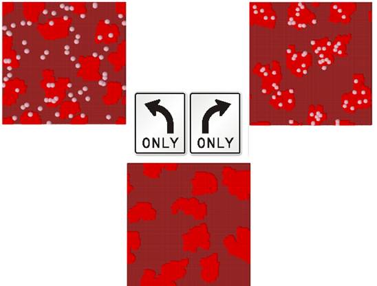 Images show how the growth of copper (red) is directed by atomic additives such as carbon (left only) and aluminum (right only). Atomic additives shown in white.